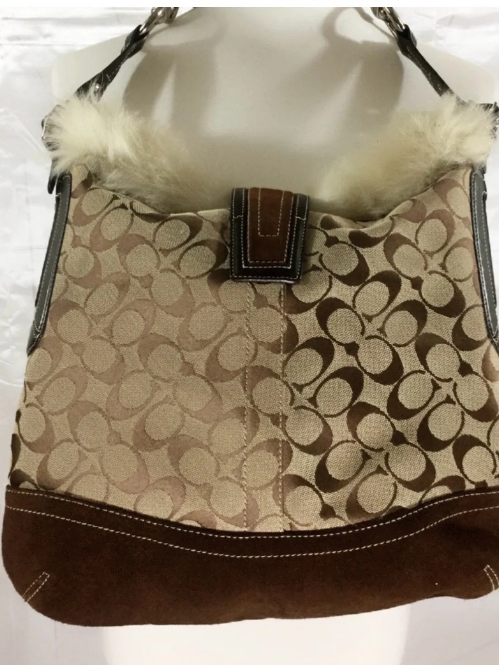 Coach Brown Signature Hobo with Cream Fur Trim
